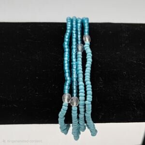Four Strands of Two Types of Blue Beads and Clear Beads Stretchy Band Boho